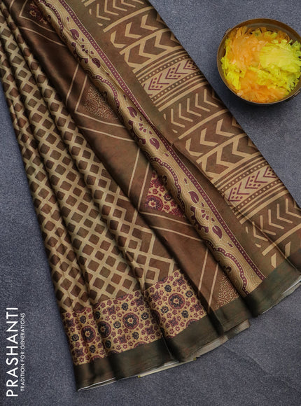 Semi modal saree brown shade and green shade with allover prints and printed border