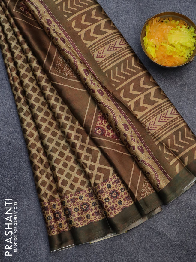 Semi modal saree brown shade and green shade with allover prints and printed border