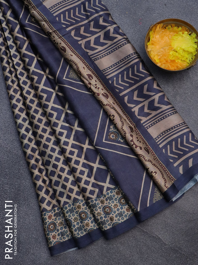 Semi modal saree bluish grey with allover prints and printed border