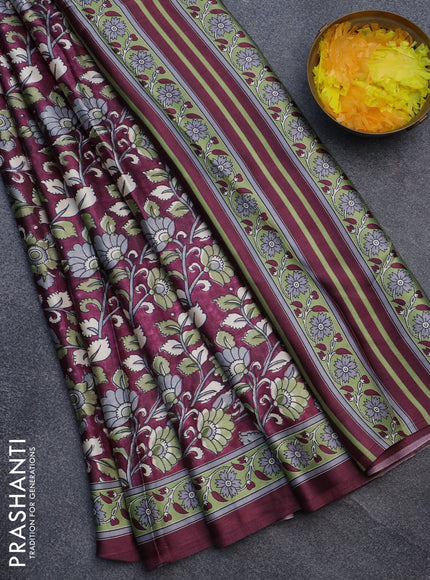 Semi modal saree wine shade with allover kalamkari prints and printed border