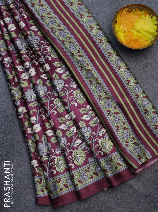 Semi modal saree wine shade with allover kalamkari prints and printed border