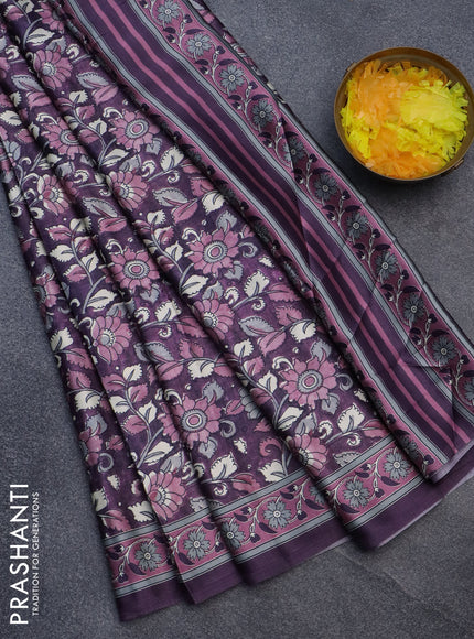 Semi modal saree jamun shade with allover kalamkari prints and printed border