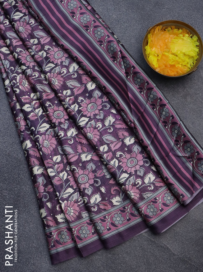 Semi modal saree jamun shade with allover kalamkari prints and printed border