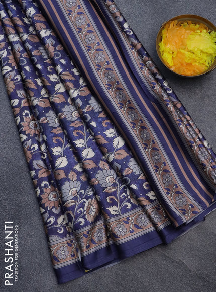 Semi modal saree blue with allover kalamkari prints and printed border