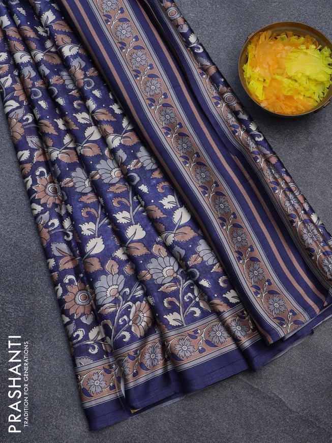 Semi modal saree blue with allover kalamkari prints and printed border