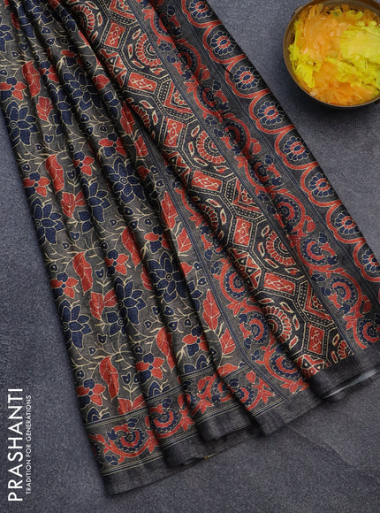 Semi modal saree grey shade with allover floral prints and printed border