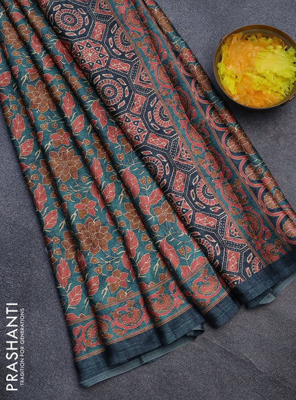 Semi modal saree peacock green with allover floral prints and printed border