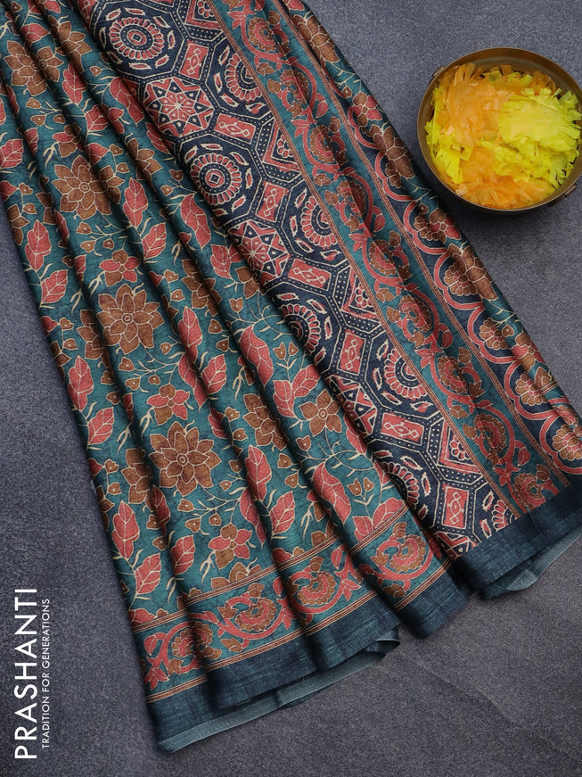 Semi modal saree peacock green with allover floral prints and printed border