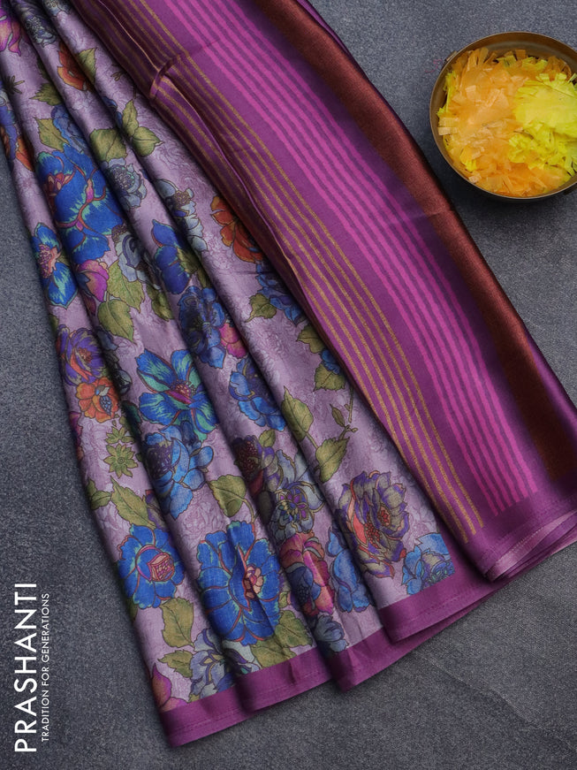 Semi modal saree mild purple shade with allover floral prints in borderless style