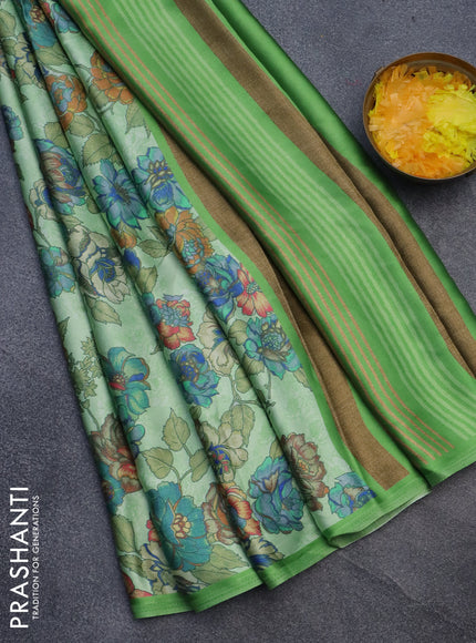 Semi modal saree light green with allover floral prints in borderless style