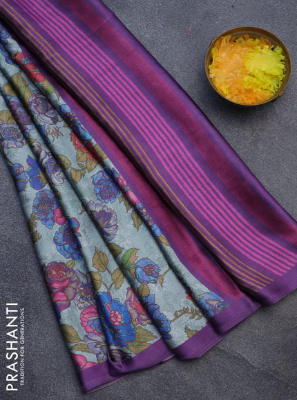 Semi modal saree grey and violet with allover floral prints in borderless style