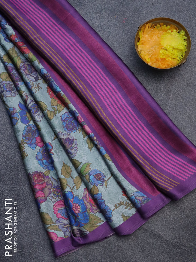 Semi modal saree grey and violet with allover floral prints in borderless style