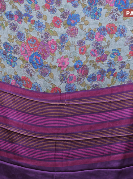 Semi modal saree grey and violet with allover floral prints in borderless style