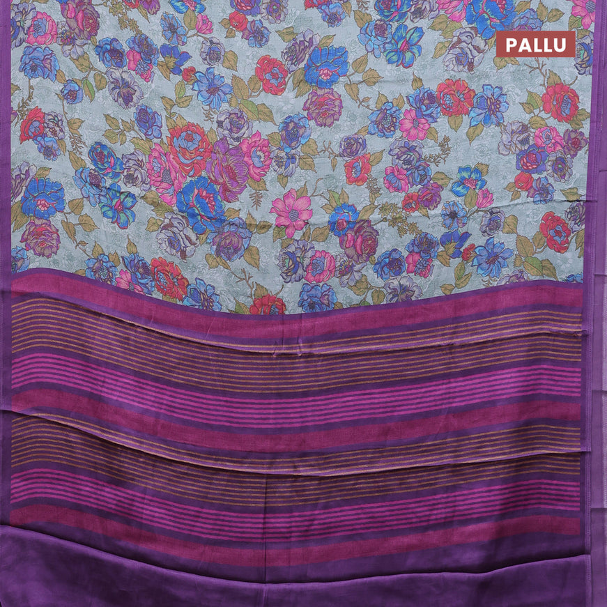 Semi modal saree grey and violet with allover floral prints in borderless style