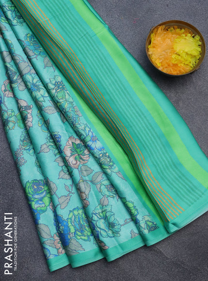 Semi modal saree teal green shade with allover floral prints in borderless style