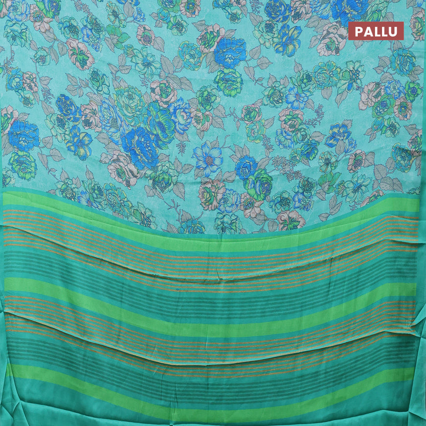 Semi modal saree teal green shade with allover floral prints in borderless style