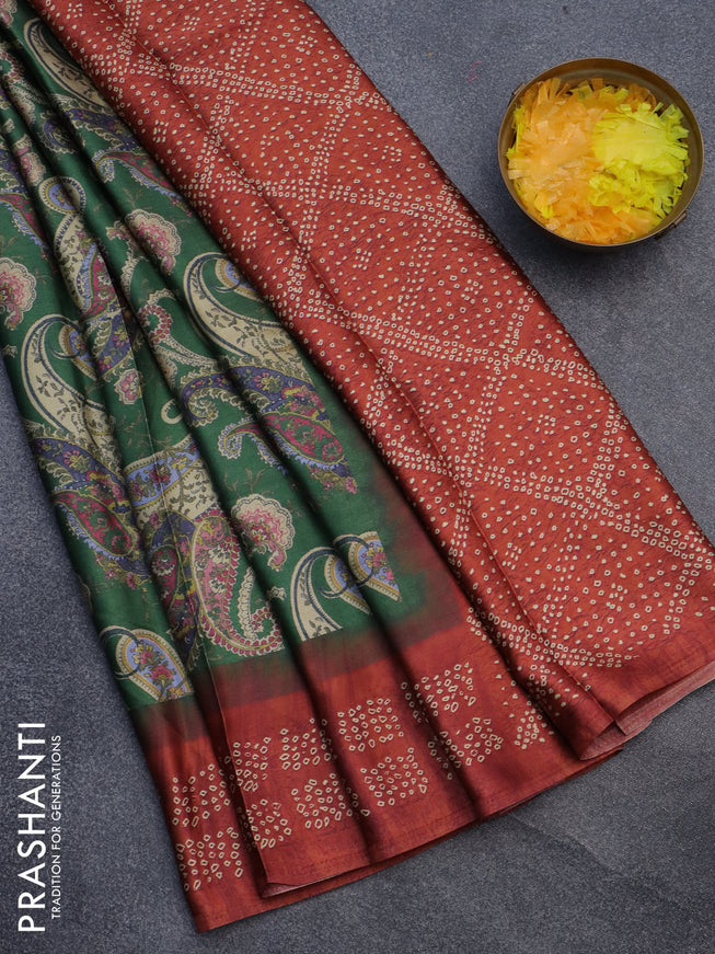 Semi modal saree green and rust shade with allover prints and printed border