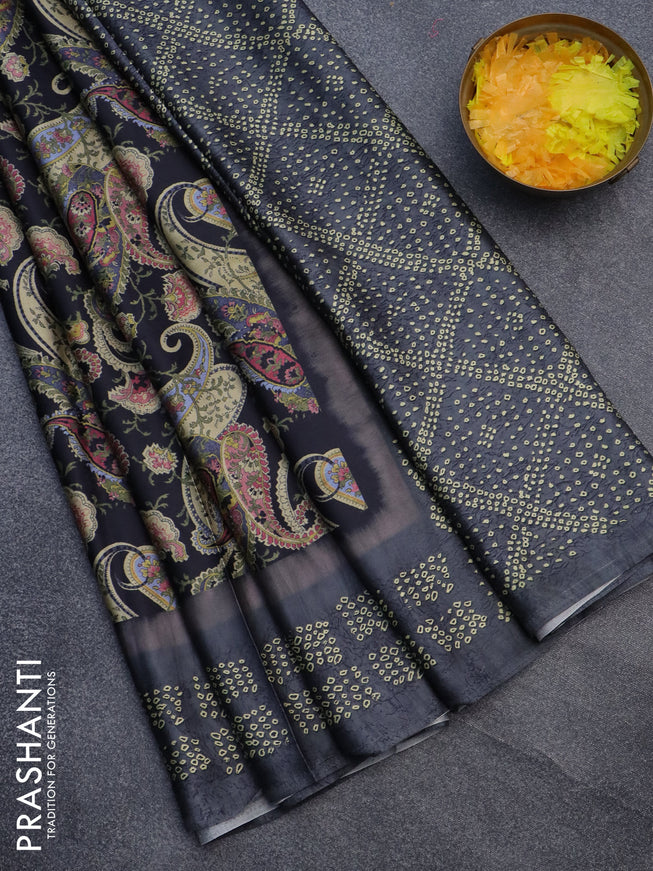 Semi modal saree black and grey with allover prints and printed border