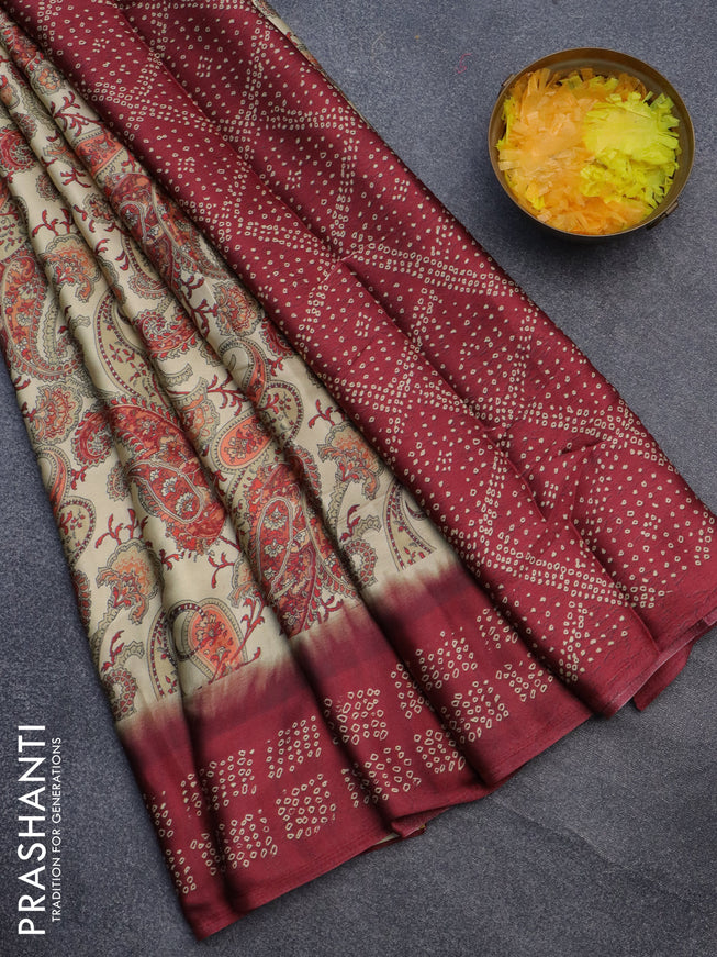 Semi modal saree sandal and maroon with allover prints and printed border