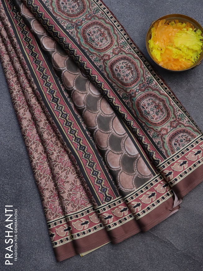 Semi modal saree brown with allover prints and printed border