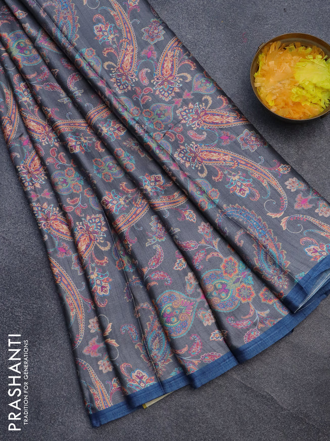 Semi modal saree grey and blue with allover kalamkari prints and simple border