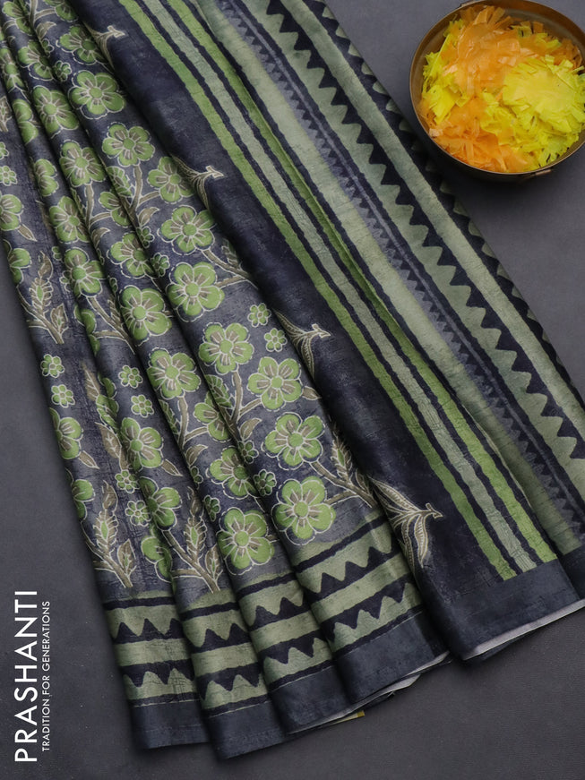 Semi modal saree grey with allover floral prints and printed border