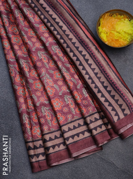 Semi modal saree maroon shade with allover floral prints and printed border