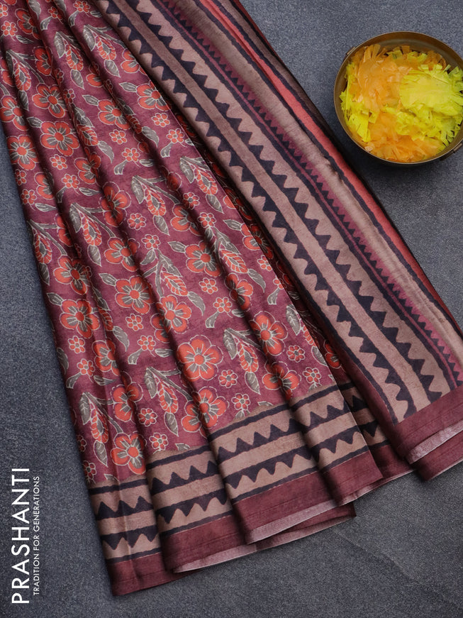 Semi modal saree maroon shade with allover floral prints and printed border