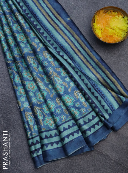 Semi modal saree blue shade with allover floral prints and printed border