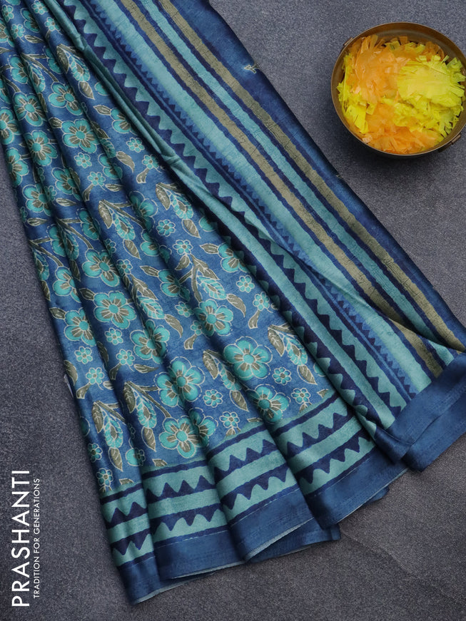 Semi modal saree blue shade with allover floral prints and printed border