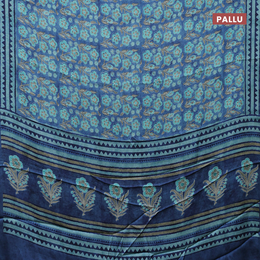 Semi modal saree blue shade with allover floral prints and printed border