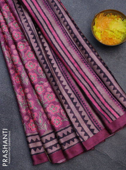 Semi modal saree magenta pink with allover floral prints and printed border