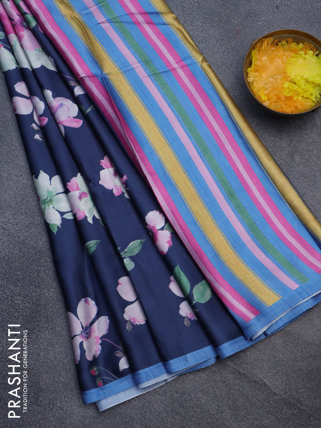 Semi modal saree dark blue with allover floral prints and simple border