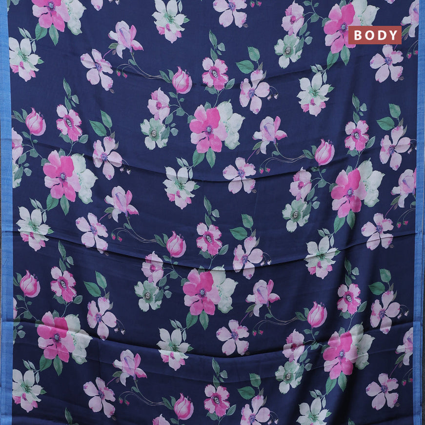 Semi modal saree dark blue with allover floral prints and simple border