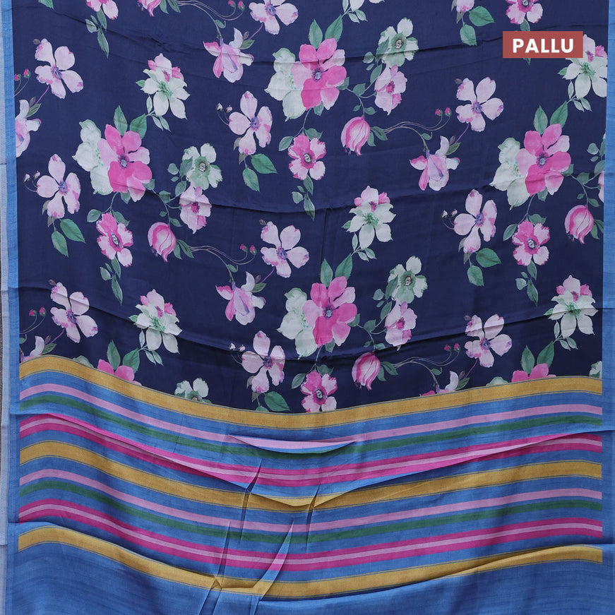 Semi modal saree dark blue with allover floral prints and simple border