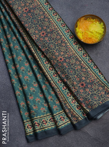 Semi modal saree teal green and grey with allover butta prints and printed border