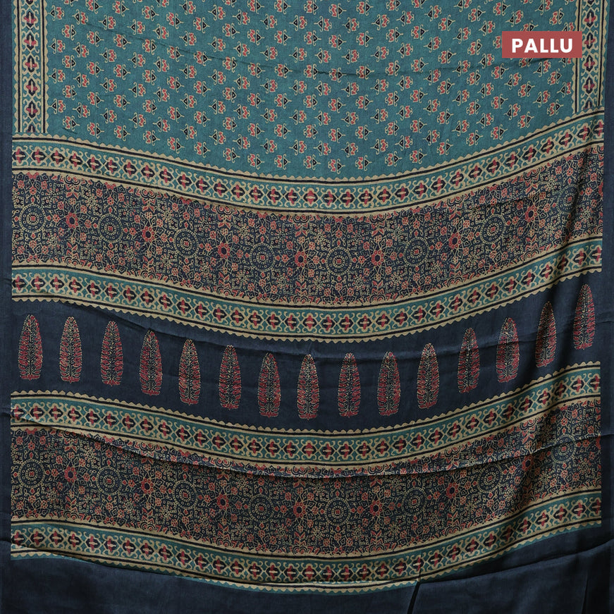 Semi modal saree teal green and grey with allover butta prints and printed border