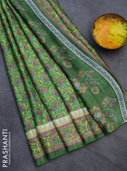 Semi modal saree light green with allover kalamkari prints and printed border