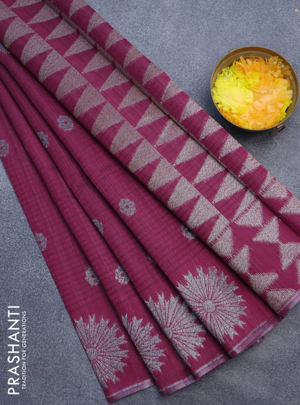 Matka tussar saree dark magenta pink with woven buttas and piping border