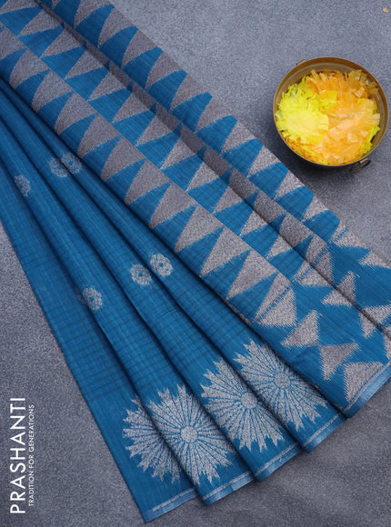 Matka tussar saree cs blue with woven buttas and piping border