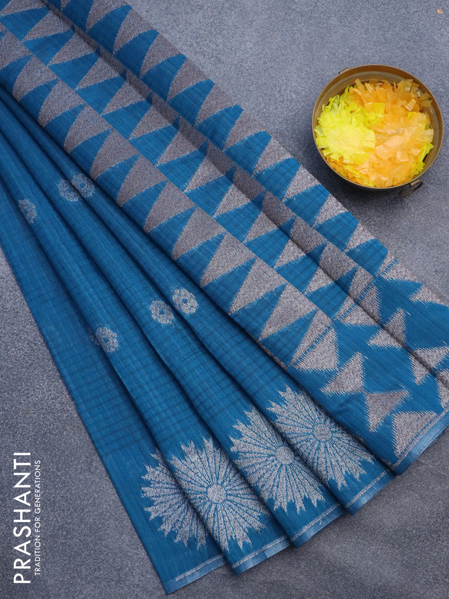 Matka tussar saree cs blue with woven buttas and piping border