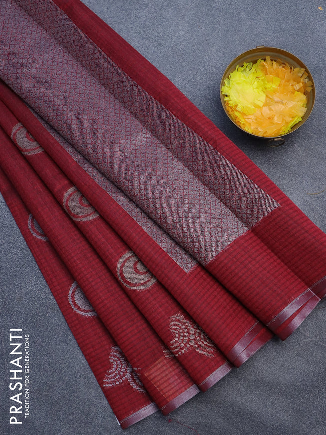 Matka tussar saree maroon with woven buttas and piping border