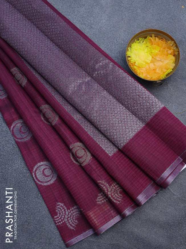 Matka tussar saree dark magenta pink with woven buttas and piping border