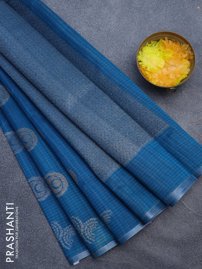 Matka tussar saree cs blue with woven buttas and piping border