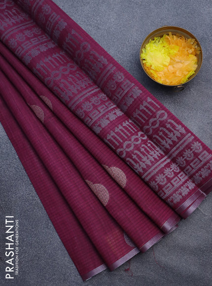 Matka tussar saree dark magenta pink with allover zari woven geometric buttas and piping border