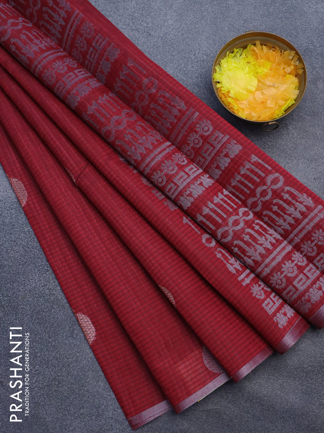 Matka tussar saree maroon with allover zari woven geometric buttas and piping border