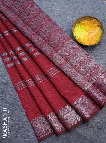 Matka tussar saree maroon with allover thread & silver zari weaves and silver zari woven border