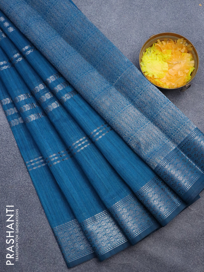 Matka tussar saree peacock blue with allover thread & silver zari weaves and silver zari woven border