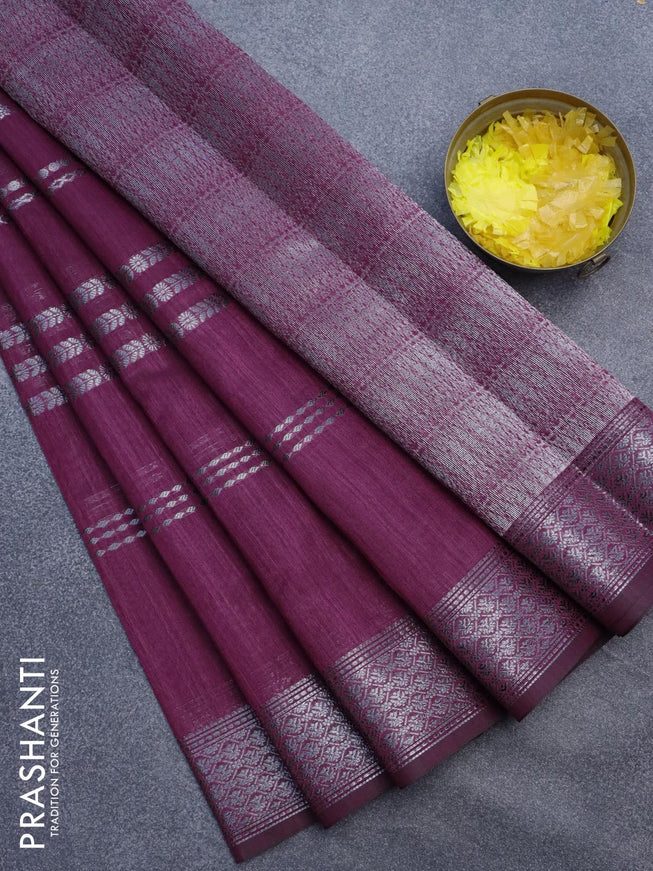 Matka tussar saree dark magenta pink with allover thread & silver zari weaves and silver zari woven border