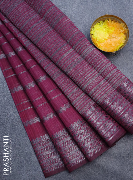 Matka tussar saree dark magenta pink with allover thread & silver zari weaves and woven border